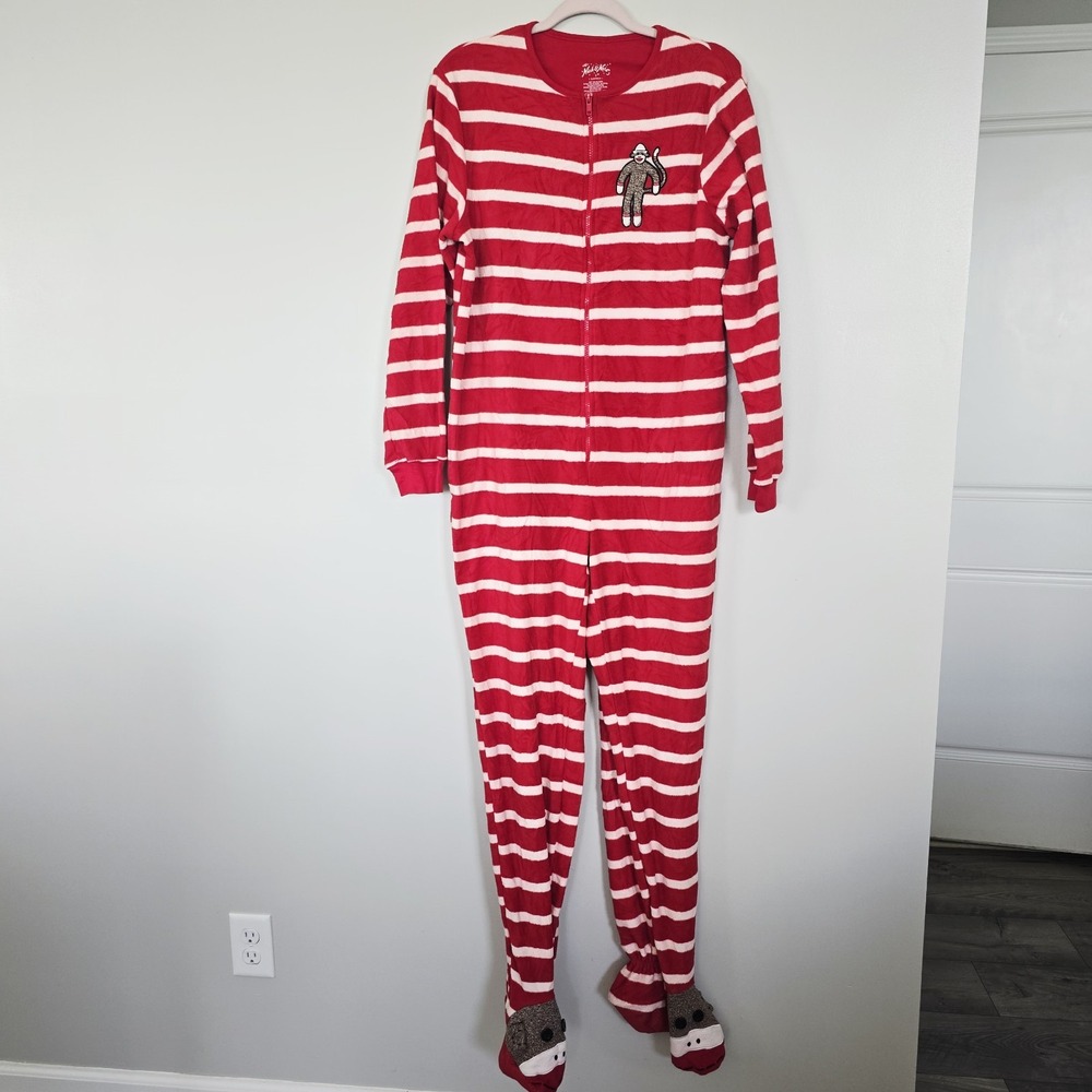 Nick & Nora Sock Mama Monkey Footed Pajamas Small Red Striped.D76